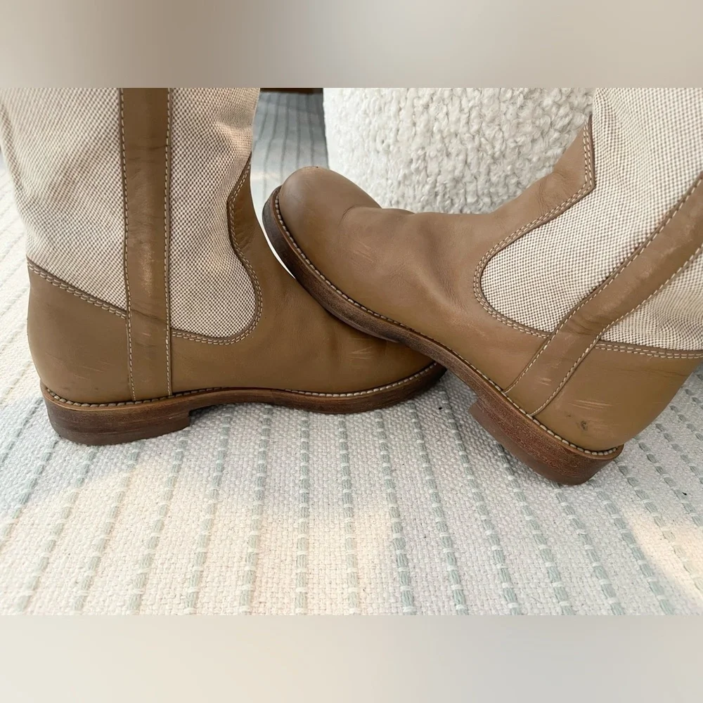 Marc Jacobs Tan Leather Cream Canvas Knee High Riding Boots - Picture 5 of 9